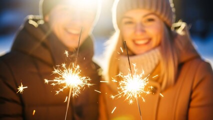Smiling young couple holding bright burning sparklers outdoors in winter season with glowing bokeh background
