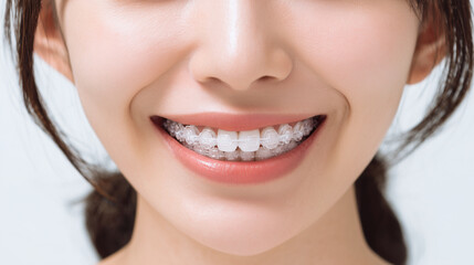 歯のワイヤー矯正をしている女性の口でアップ写真