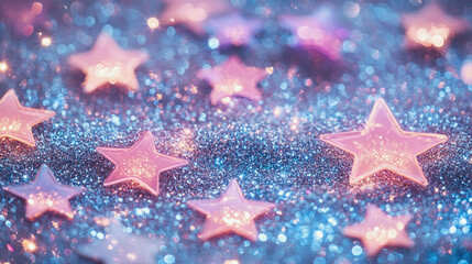 Sparkling pink and purple stars scattered on a shimmering blue glitter background, creating a magical and festive atmosphere