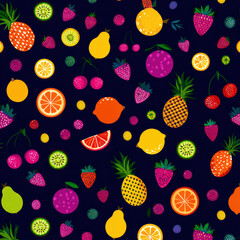 Vibrant Fruit Seamless Pattern on Dark Blue Background
