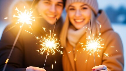 Smiling young couple holding multiple bright burning sparklers outdoors in winter season with glowing bokeh background