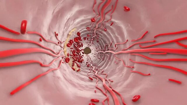 Close up view of a dangerous blood clot forming and growing within a narrow blood vessel