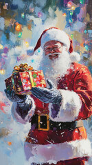 Santa claus joyfully holding a christmas gift in a snowy, festive setting with blurred lights