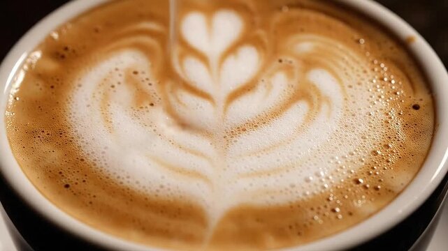 Close-up view of creamy latte art being poured into a white mug showcasing intricate heart and floral patterns delicate foam topping warm morning