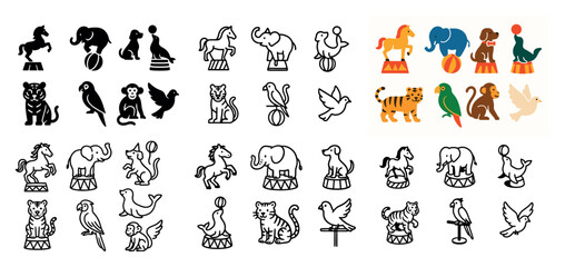 Circus animals: elephants, tigers, birds