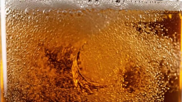 Closeup Of Refreshing Golden Beer Bubbles Effervescing In A Clear Glass With Frothy Head Macro Shot