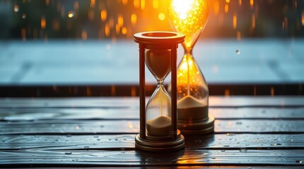 Sand timer placed on wooden table with raindrops outside a window during sunset