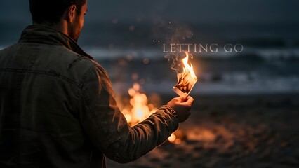 Man Holding Lighter Near Beach Fire.