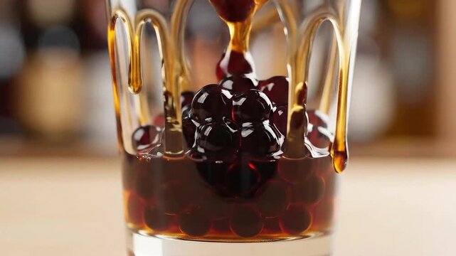 Delicious Boba Pearls Dripping With Golden Syrup Into A Clear Glass Creating A Visually Appealing Dessert Beverage Presentation