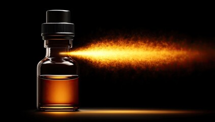 Golden liquid sprays from brown bottle. Dark backdrop