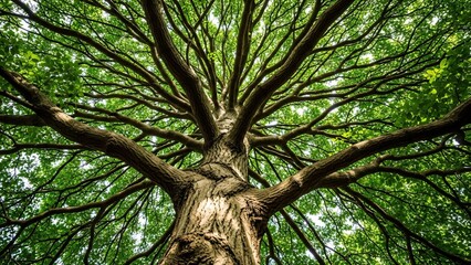 Looking up at grand oak tree canopy with vibrant green leaves and strong branches in sunny forest