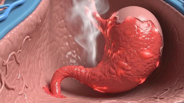Detailed 3D Animation Illustrating Human Stomach Digestion Process with Gastric Juices and Food Breakdown