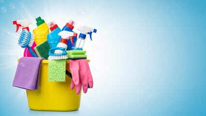 Bright yellow bucket overflowing with cleaning supplies sponges cloths brushes on blue background