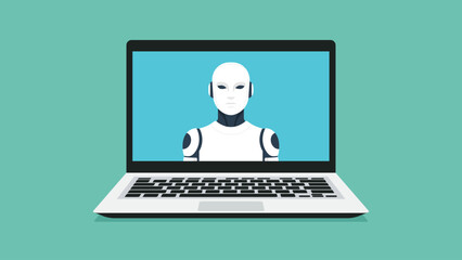 Laptop screen with humanoid robot, concept of artificial intelligence, digital technology, online automation, future computing, virtual interaction, modern innovation concept, flat vector illustration