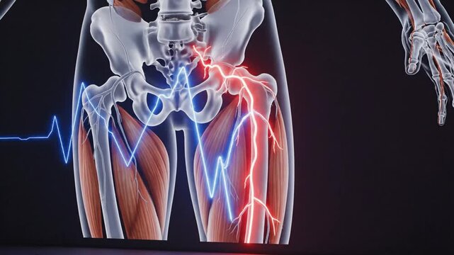 Detailed 3D Animation Of Human Hip Joint Anatomy With Sciatic Nerve Pain And Heartbeat Monitor Displayed Medical Healthcare Concept
