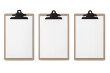 Three blank wooden clipboards with white paper sheets holding black metal clips, mock up for presentation on transparent background
