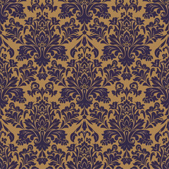 Seamless vintage damask wallpaper pattern featuring a gold floral ornament design with antique brown textures for a retro style textile backdrop