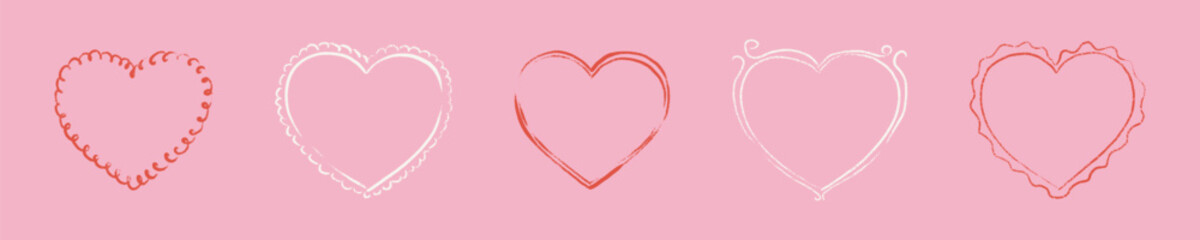 Set of Valentines Day heart shape hand drawn crayon doodle cute coquette frames. Scalloped, wavy, freehand girly whimsical romantic borders. Childish scribble. Wedding invitation design element