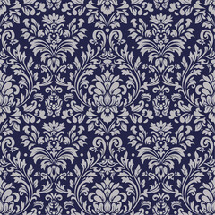 Retro Floral Pattern in Blue and White. Design consists of stylized flowers with circular centers and rounded petals, interspersed with geometric leaf shapes.
