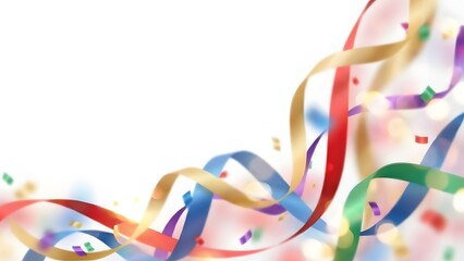 Colorful Streamers and Confetti on White Background.