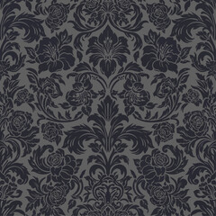 Seamless damask wallpaper featuring a vintage floral pattern with baroque swirls and ornamental leaf textures for elegant textile decor and wedding backdrop vector illustration design