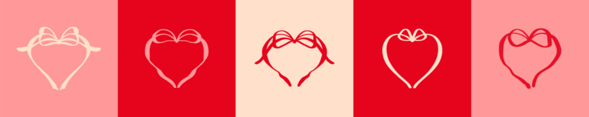 Set of hand drawn romantic red and pin bow ribbon heart frames for Valentines Day designs, posters, cards, invitations, restaurant menu. Aesthetic Valentines doodle coquette girly whimsical border