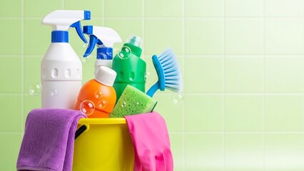 bucket full of cleaning supplies including spray bottles sponges gloves and cloths on tiled background