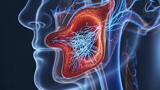 Detailed 3D Medical Illustration of the Parotid Gland Showing Ducts and Nervous System Structures in a Translucent Human Head Anatomy