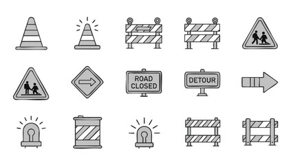 roadwork signs construction barriers detour icons set.