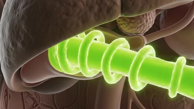 Detailed 3D Rendering Of A Healthy Human Gallbladder Filled With Bright Green Bile And Connected To The Liver And Bile Duct