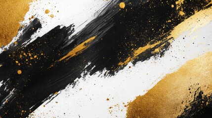 Dynamic abstract background featuring bold black brushstrokes and shimmering gold accents splattered across a clean white canvas