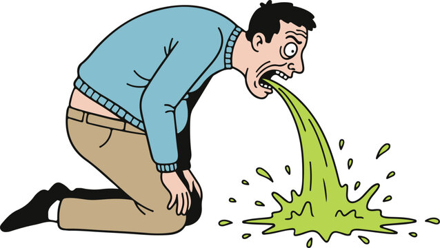 A cartoon man kneeling and vomiting bright green liquid, exaggerated and comedic vector illustration

