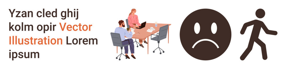 Fototapeta premium Office teamwork, emotional health, workplace issues, collaboration, mental wellness, movement concepts. Team meeting at a table, sad face walking symbol. Communication and emotional health