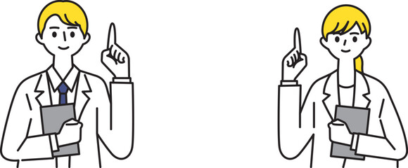 白衣を着て人差し指をあげて説明する男女の医者のイラスト