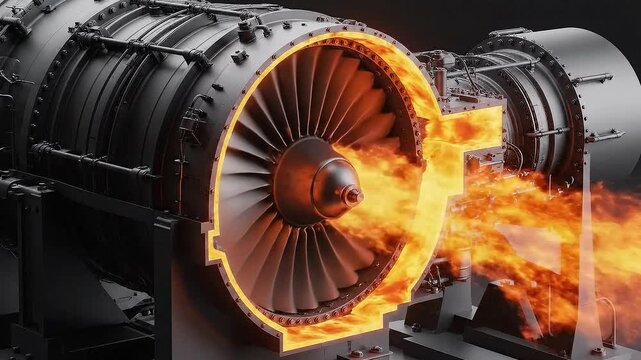 Detailed Cutaway View of a Jet Engine Turbine with Blazing Flames and Intricate Mechanical Components illuminated by Warm Orange Light