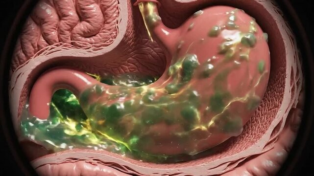 Detailed Medical Illustration of Human Stomach Digestion With Glowing Nutrients and Digestive Juices in Anatomical Cross-Section