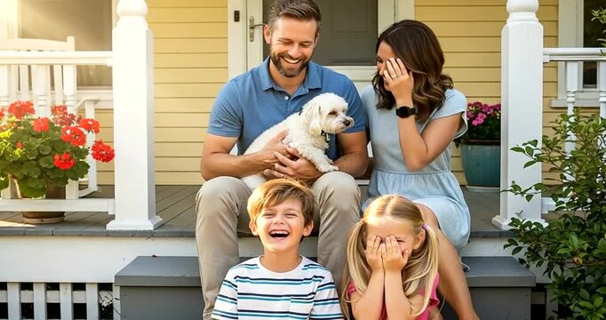 A happy family with two children and a puppy sitting on their front porch steps.
