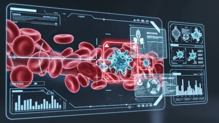 Digital Holographic Display Shows Red Blood Cells and Blue Virus Particles Under Microscopic Scrutiny - Powered by Adobe