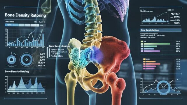Digital Holographic X-Ray Medical Scan Displaying Human Skeleton Bone Density Analysis With Futuristic Data Charts and Graphs