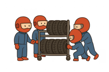 Pit crew mechanics pushing racing tires cart