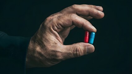 Hand Holding Red and Blue Pills.