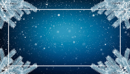 Frozen winter ice frame with frosty crystal border on blue background