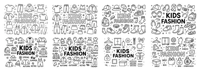 Naklejka premium Kids fashion outfits and accessories line art