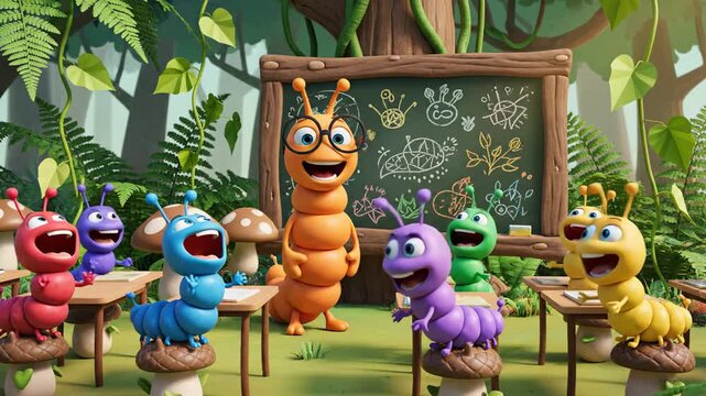 A colorful cartoon caterpillar teaches a classroom of insect students in a lush forest environment