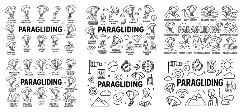 Paragliding adventure icons and illustrations set
