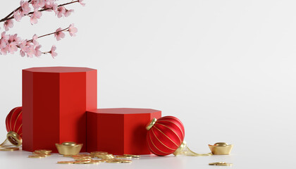 Minimalist chinese new year background with red podiums and lanterns. 3D rendering