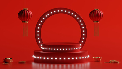 Chinese new year red podium stage for product display with neon light and gold ingots. 3D rendering