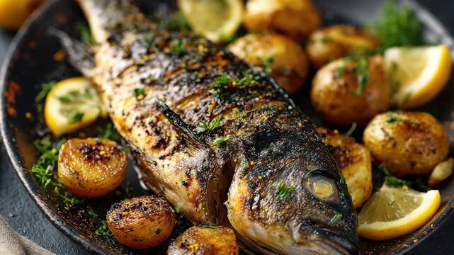 Grilled Sea Bream with Roasted Potatoes and Lemon Slices on a Black Plate under Bright Lighting Detailed Scales and Crispy Skin