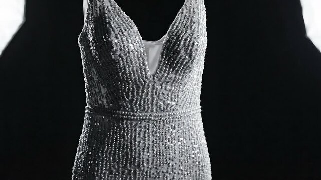 Elegant Silver Sequin Dress with Plunging Neckline against Black Background Shimmering Texture Spotlight Illumination Couture Fashion Design