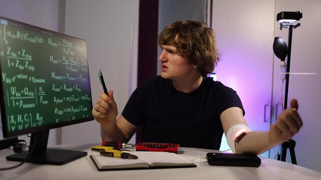 Tech blogger tests new experimental technologies on himself using chips sensors and infusion setup while recording content in home lab showing futuristic self testing and innovation